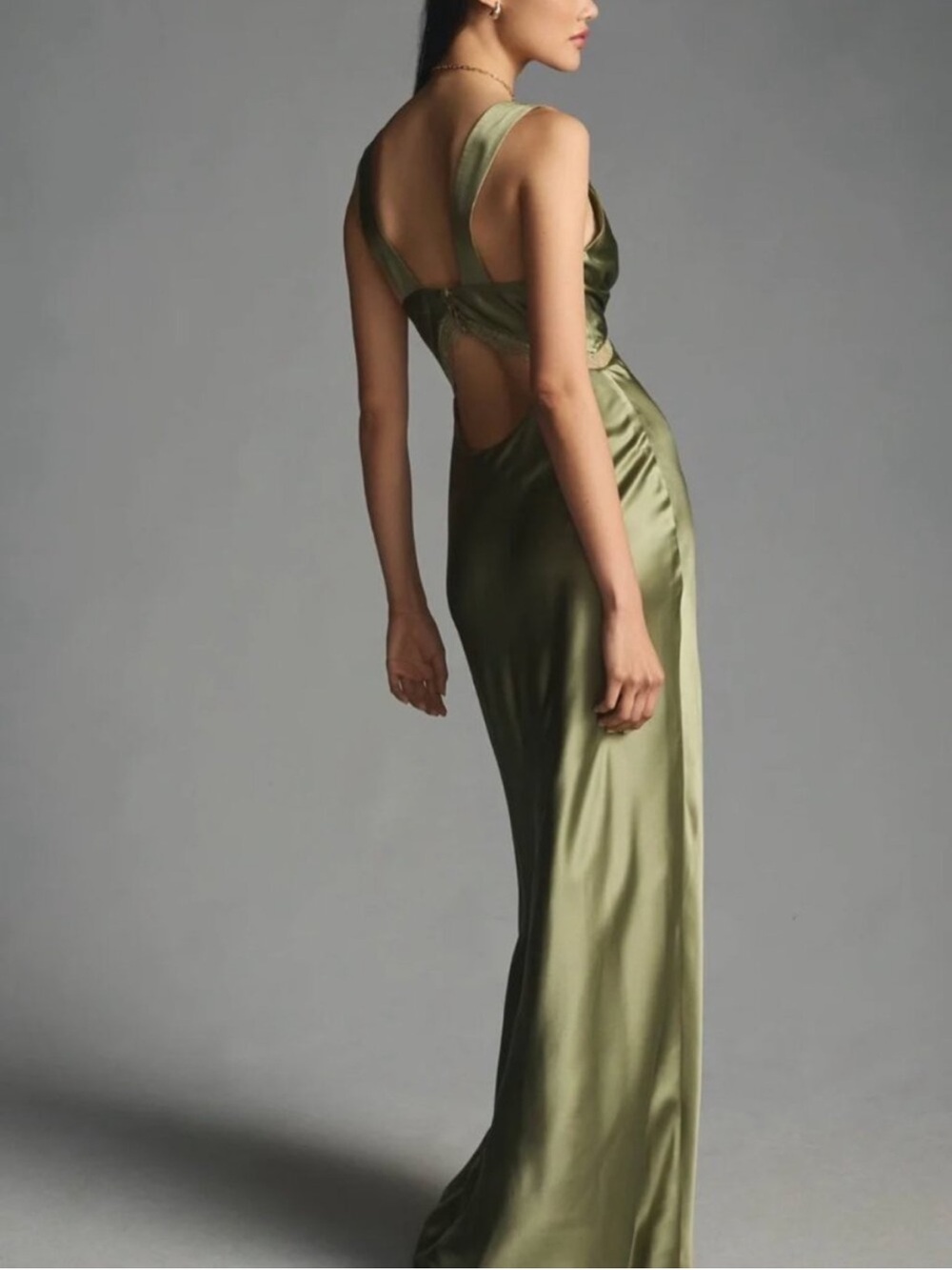 Reformation Olive Satin Lace-Trim Wedding Guest Dress - Picture 3 of 4